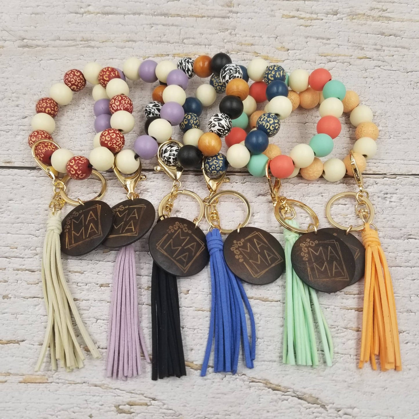 Colorful Leopard Wood Bead Bracelet Keychain