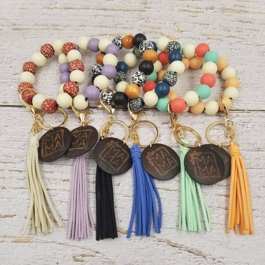 Colorful Leopard Wood Bead Bracelet Keychain