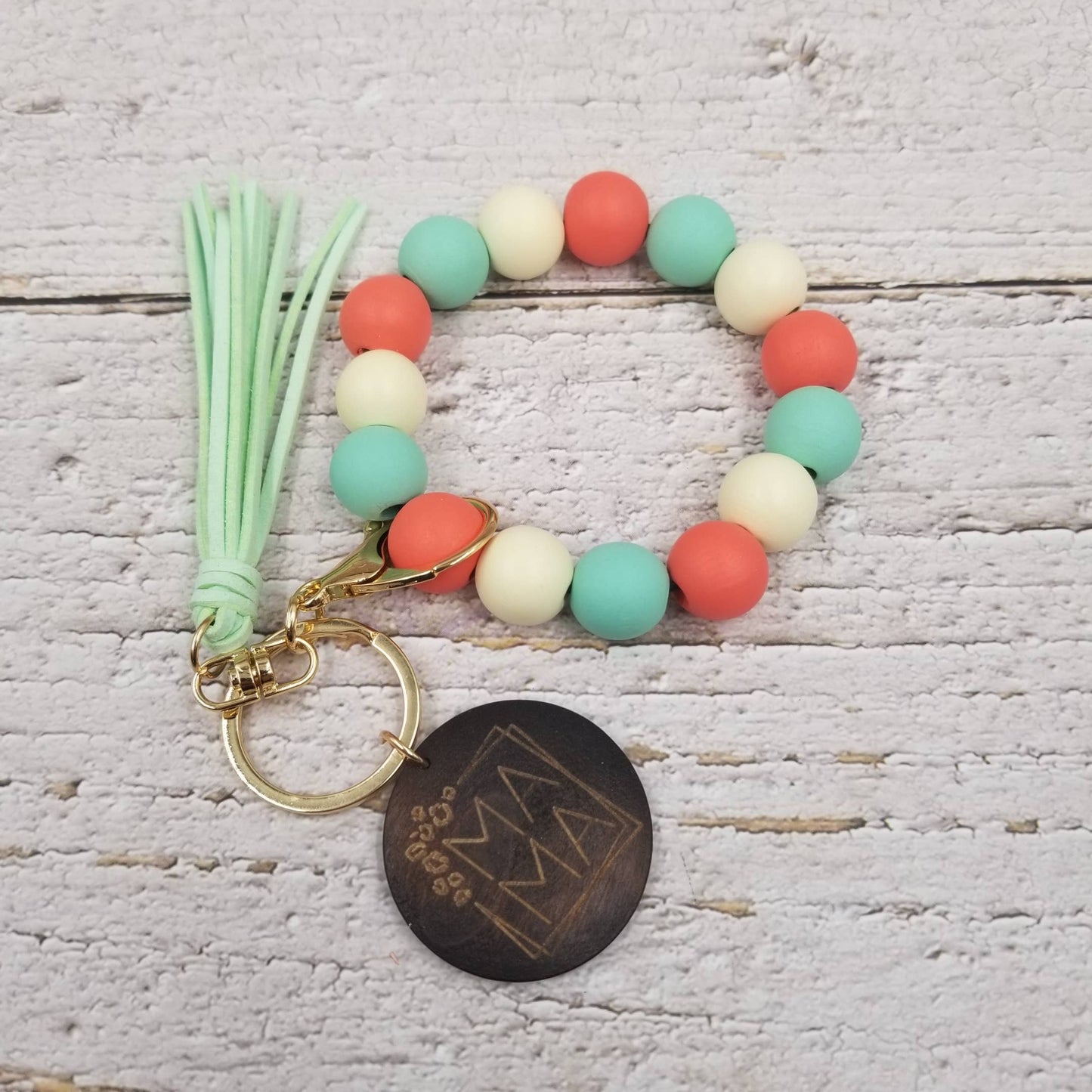 Colorful Leopard Wood Bead Bracelet Keychain