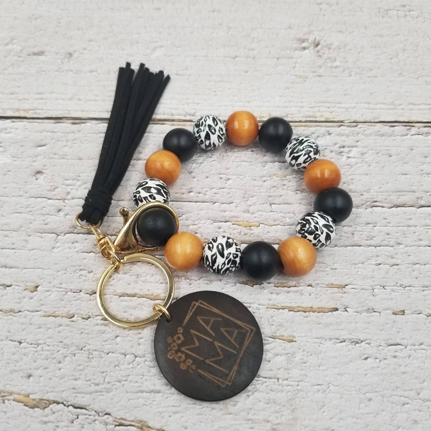 Colorful Leopard Wood Bead Bracelet Keychain